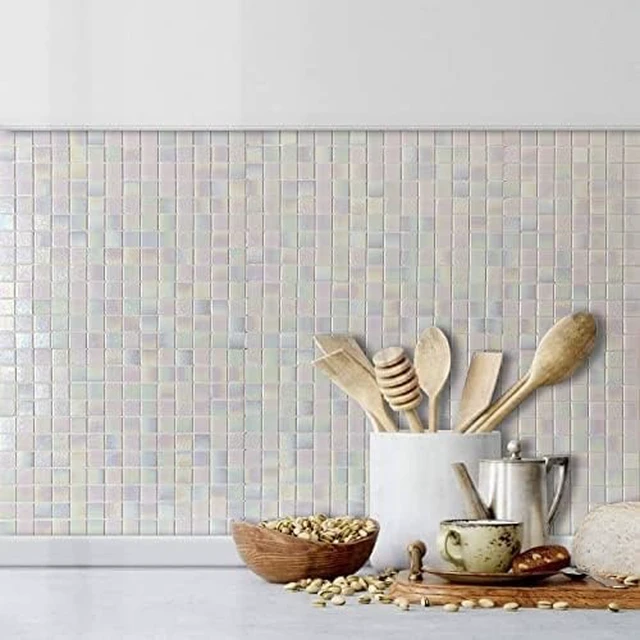 Alt view image 3 of 7 - 40 Sheets 6.6" x 6.6" Rainbow White Glass Mosaic Peel and Stick Backsplash Tiles, Quartz Glass Self Adhesive Wall Tiles, Waterproof StickOn Panels for Kitchen Bathroom Laundry RV Fireplace