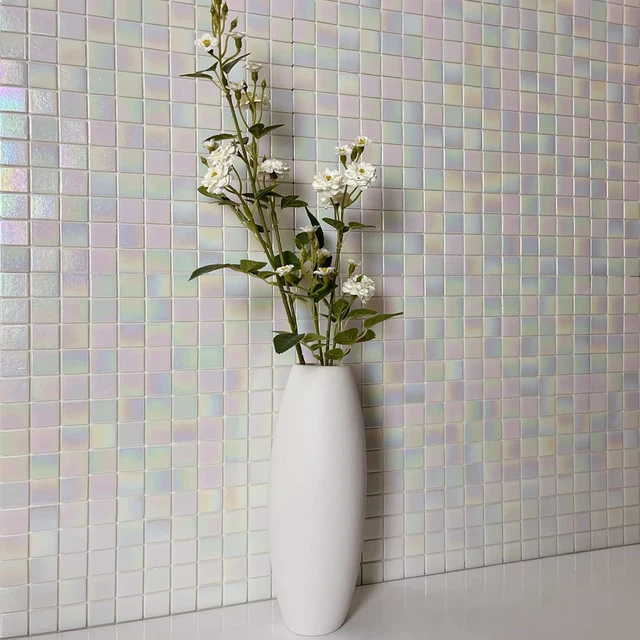 Alt view image 5 of 7 - 40 Sheets 6.6" x 6.6" Rainbow White Glass Mosaic Peel and Stick Backsplash Tiles, Quartz Glass Self Adhesive Wall Tiles, Waterproof StickOn Panels for Kitchen Bathroom Laundry RV Fireplace