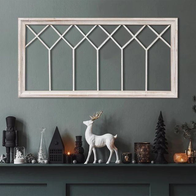 Alt view image 5 of 7 - 40 x 20 Inch Rustic Wood Window Frame Wall Decor, Hand Distressed White FIR Wood Farmhouse Decorative Window Pane Art for Living Room Bedroom Entryway