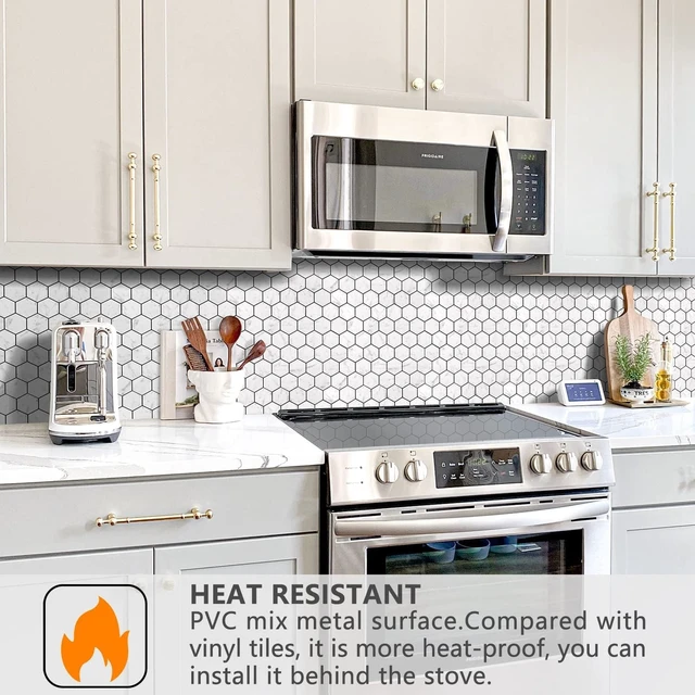 Alt view image 2 of 5 - 10 Sheets Carrara White Marble Hexagon Peel and Stick Backsplash Tiles, Waterproof Heat Resistant PVC Self Adhesive Wall Tiles for Kitchen Bathroom RV