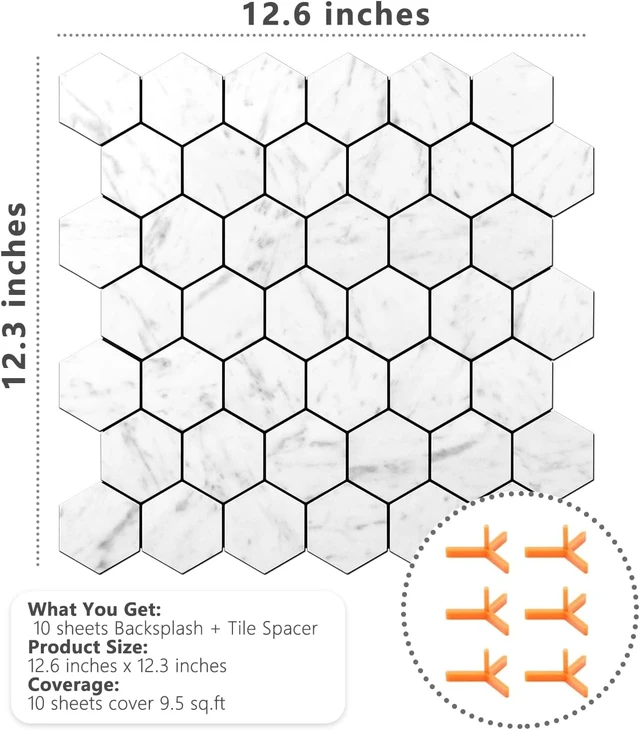 Alt view image 3 of 5 - 10 Sheets Carrara White Marble Hexagon Peel and Stick Backsplash Tiles, Waterproof Heat Resistant PVC Self Adhesive Wall Tiles for Kitchen Bathroom RV