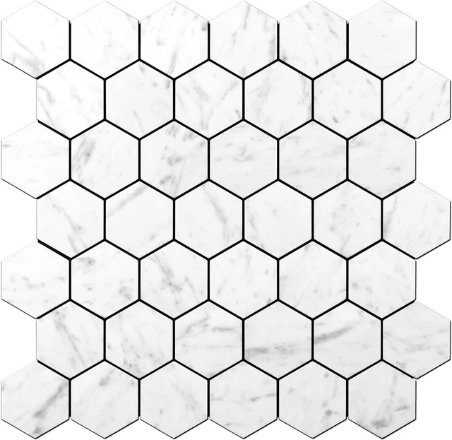 Main image of 10 Sheets Carrara White Marble Hexagon Peel and Stick Backsplash Tiles, Waterproof Heat Resistant PVC Self Adhesive Wall Tiles for Kitchen Bathroom RV