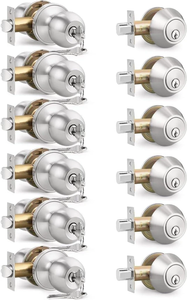 Main image of 6Pack Satin Nickel Keyed Alike Entry Door Knob with Single Cylinder Deadbolt Combination Set Round Exterior Locking Hardware for Front Entry Doors
