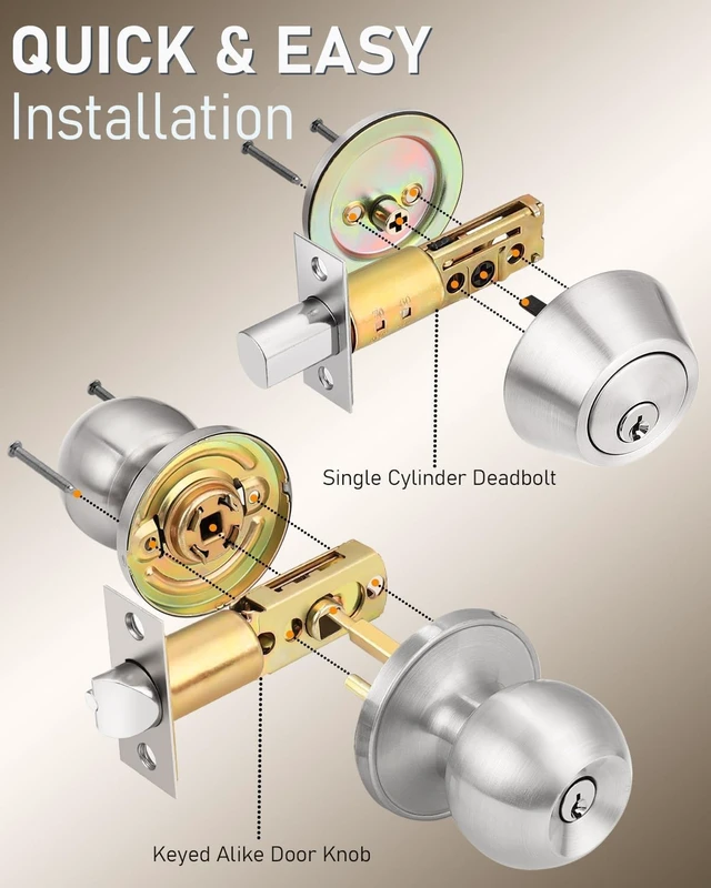 Alt view image 4 of 7 - 6Pack Satin Nickel Keyed Alike Entry Door Knob with Single Cylinder Deadbolt Combination Set Round Exterior Locking Hardware for Front Entry Doors