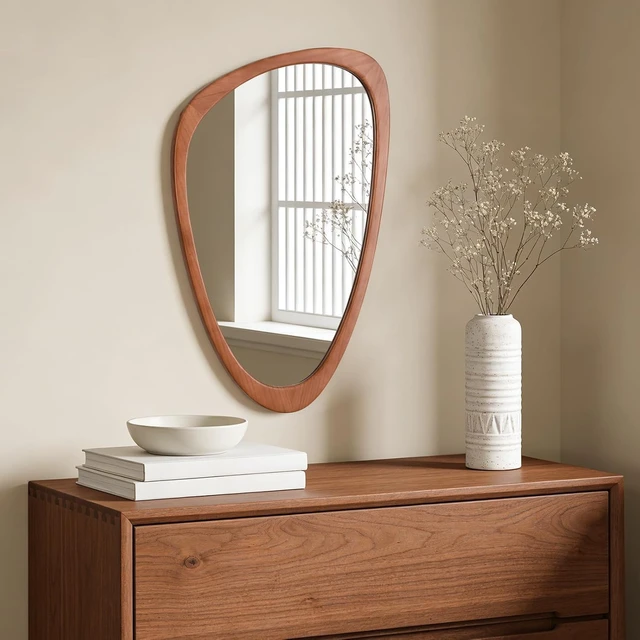 Alt view image 2 of 7 - Irregular Asymmetrical Wall Mirror, Modern Wood Framed Decorative Accent Mirror, HD Reflection Freeform Art Mirror for Bedroom Living Room Entryway Hallway, 30" H x 19" W
