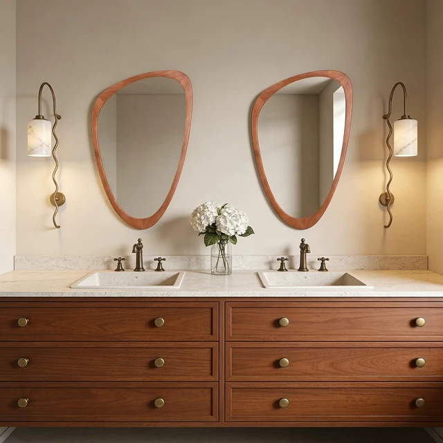 Alt view image 7 of 7 - Irregular Asymmetrical Wall Mirror, Modern Wood Framed Decorative Accent Mirror, HD Reflection Freeform Art Mirror for Bedroom Living Room Entryway Hallway, 30" H x 19" W