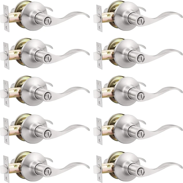Main image of 10Pack Satin Nickel Wave Privacy Door Levers Keyless Interior Door Handles with ThumbTurn Lock for Bedroom and Bathroom Fits 13/8" to 13/4" Doors