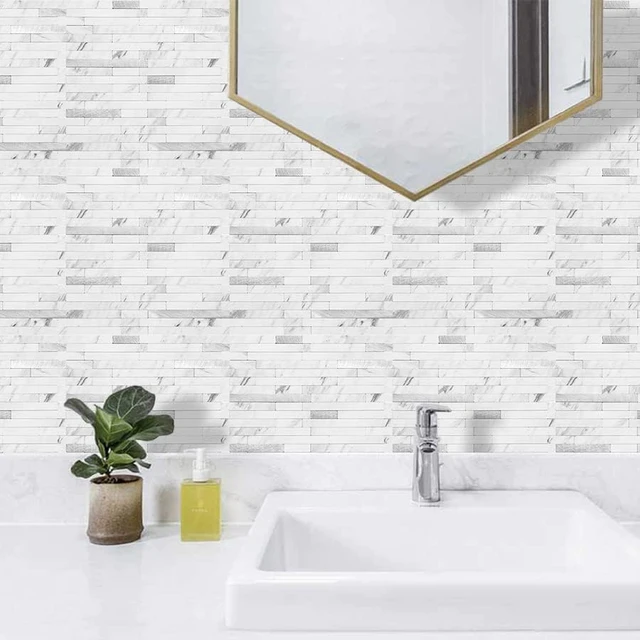Alt view image 3 of 7 - 40 Sheets 11.7"x5.9" Peel and Stick Backsplash Tiles, White Marble Textured PVC Self Adhesive Wall Tile, Waterproof Heat Resistant Stick On Wall Panels for Kitchen Bathroom RV