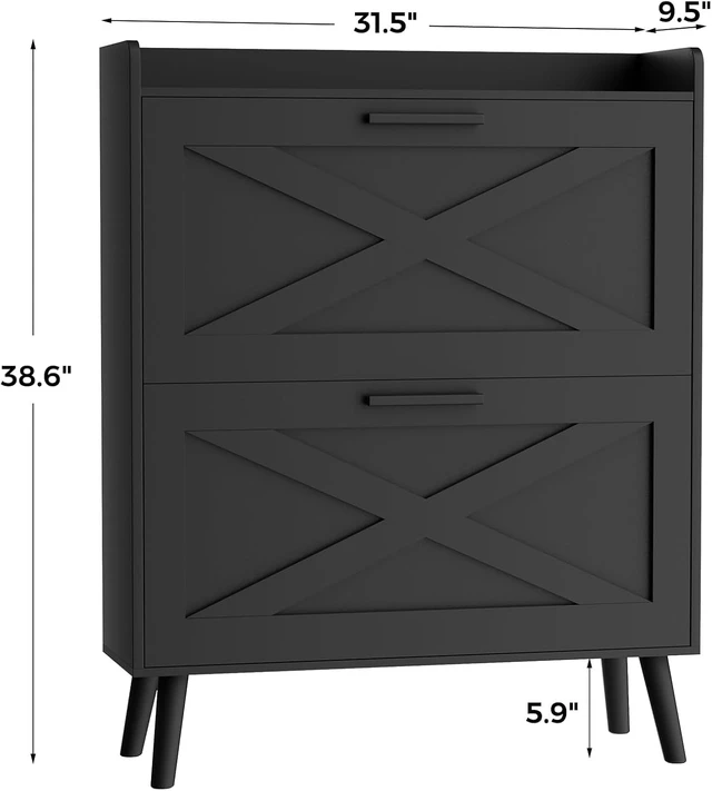 Alt view image 2 of 7 - Farmhouse Shoe Storage Cabinet with Flip Drawers & Barn Door Design, Slim Narrow Shoe Rack Cabinet with Adjustable Shelves, Hidden Storage for Entryway Foyer Hallway Living Room, Black
