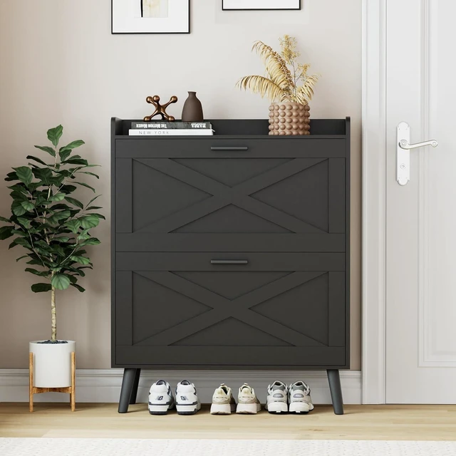 Main image of Farmhouse Shoe Storage Cabinet with Flip Drawers & Barn Door Design, Slim Narrow Shoe Rack Cabinet with Adjustable Shelves, Hidden Storage for Entryway Foyer Hallway Living Room, Black