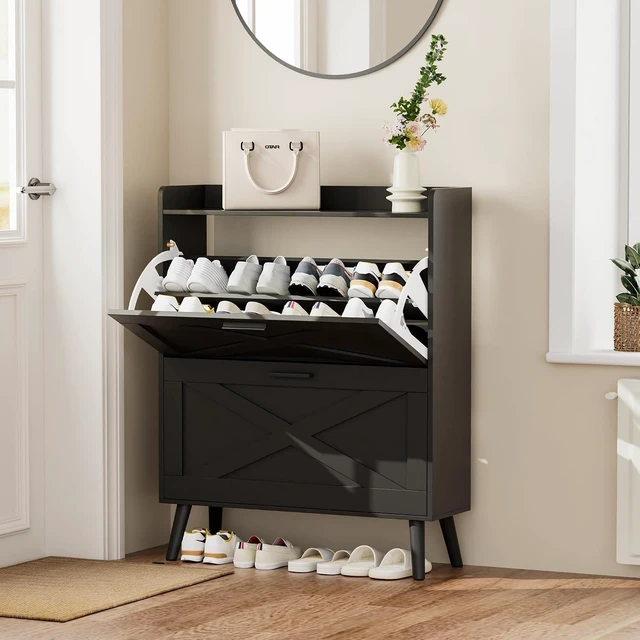 Alt view image 3 of 7 - Farmhouse Shoe Storage Cabinet with Flip Drawers & Barn Door Design, Slim Narrow Shoe Rack Cabinet with Adjustable Shelves, Hidden Storage for Entryway Foyer Hallway Living Room, Black