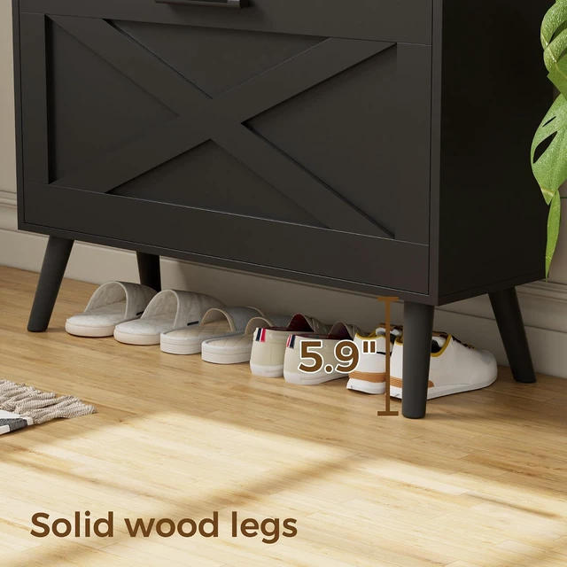 Alt view image 4 of 7 - Farmhouse Shoe Storage Cabinet with Flip Drawers & Barn Door Design, Slim Narrow Shoe Rack Cabinet with Adjustable Shelves, Hidden Storage for Entryway Foyer Hallway Living Room, Black