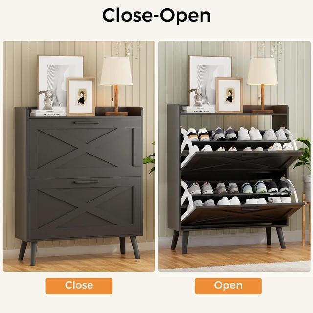 Alt view image 6 of 7 - Farmhouse Shoe Storage Cabinet with Flip Drawers & Barn Door Design, Slim Narrow Shoe Rack Cabinet with Adjustable Shelves, Hidden Storage for Entryway Foyer Hallway Living Room, Black