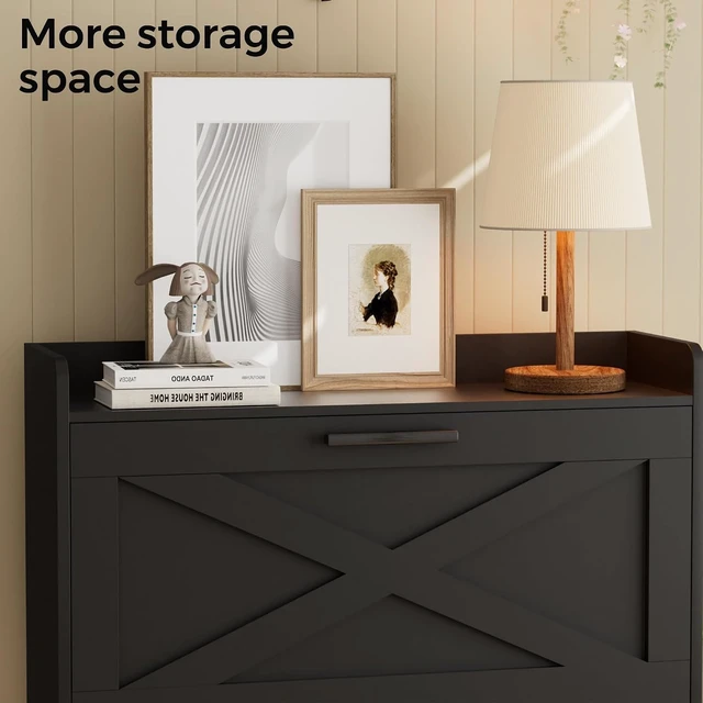 Alt view image 7 of 7 - Farmhouse Shoe Storage Cabinet with Flip Drawers & Barn Door Design, Slim Narrow Shoe Rack Cabinet with Adjustable Shelves, Hidden Storage for Entryway Foyer Hallway Living Room, Black