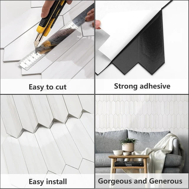 Alt view image 4 of 6 - 10 Sheets 12.8 x 12.8 Inch Glossy Dolomite White Hexagon Peel and Stick Wall Tiles, Thick PVC Self Adhesive Mosaic Backsplash, Waterproof Heat Resistant Stick On Tile for Kitchen Bathroom RV Fireplace