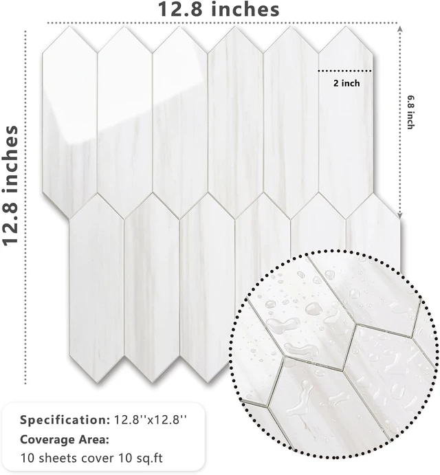 Alt view image 6 of 6 - 10 Sheets 12.8 x 12.8 Inch Glossy Dolomite White Hexagon Peel and Stick Wall Tiles, Thick PVC Self Adhesive Mosaic Backsplash, Waterproof Heat Resistant Stick On Tile for Kitchen Bathroom RV Fireplace