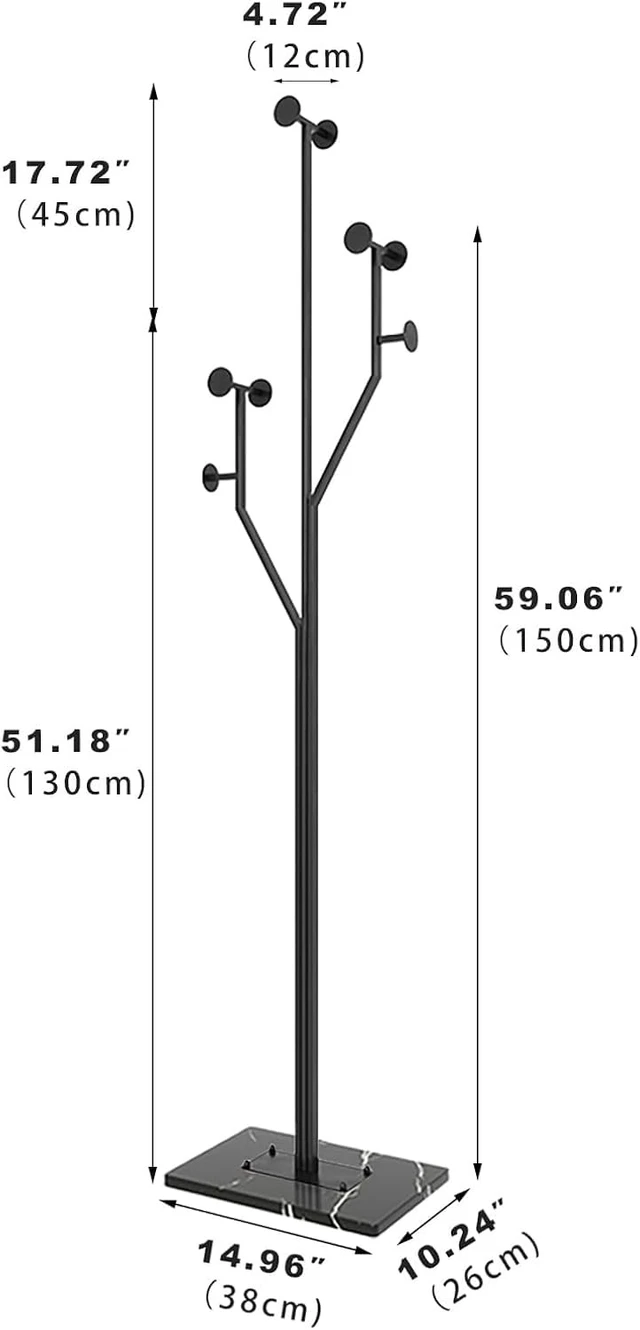 Alt view image 2 of 7 - Metal Freestanding TreeShaped Coat Rack with Marble Base, 8 Hooks SpaceSaving Corner Coat Tree, Garment Organizer for Coats Hats Bags, for Entryway Bedroom Living Room Office, Black Finish