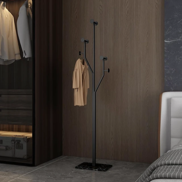 Alt view image 4 of 7 - Metal Freestanding TreeShaped Coat Rack with Marble Base, 8 Hooks SpaceSaving Corner Coat Tree, Garment Organizer for Coats Hats Bags, for Entryway Bedroom Living Room Office, Black Finish