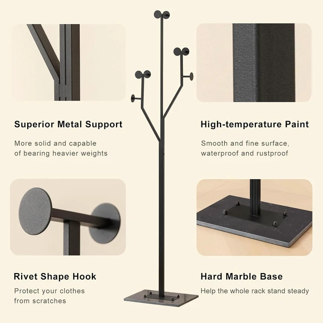 Alt view image 3 of 7 - Metal Freestanding TreeShaped Coat Rack with Marble Base, 8 Hooks SpaceSaving Corner Coat Tree, Garment Organizer for Coats Hats Bags, for Entryway Bedroom Living Room Office, Black Finish