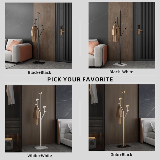Alt view image 6 of 7 - Metal Freestanding TreeShaped Coat Rack with Marble Base, 8 Hooks SpaceSaving Corner Coat Tree, Garment Organizer for Coats Hats Bags, for Entryway Bedroom Living Room Office, Black Finish