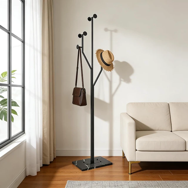 Alt view image 7 of 7 - Metal Freestanding TreeShaped Coat Rack with Marble Base, 8 Hooks SpaceSaving Corner Coat Tree, Garment Organizer for Coats Hats Bags, for Entryway Bedroom Living Room Office, Black Finish