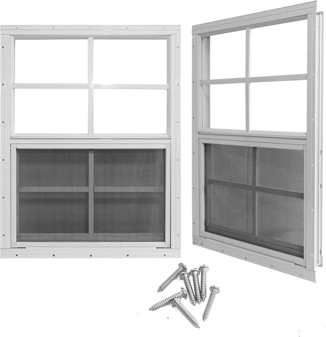 Main image of 2 Pack 18" x 23" White Sliding Shed Windows, Aluminum Frame Tempered Glass with Fiberglass Screen, Flush Mount Ventilation Windows for Chicken Coop Playhouse Garage Barn