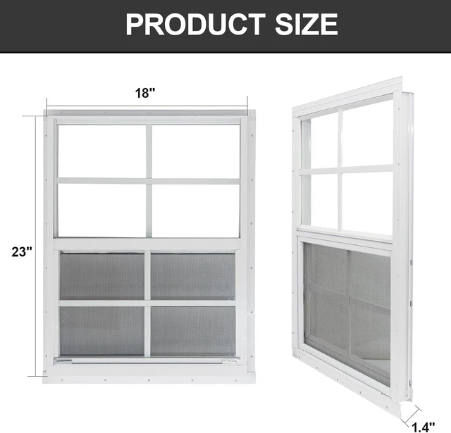 Alt view image 2 of 6 - 2 Pack 18" x 23" White Sliding Shed Windows, Aluminum Frame Tempered Glass with Fiberglass Screen, Flush Mount Ventilation Windows for Chicken Coop Playhouse Garage Barn
