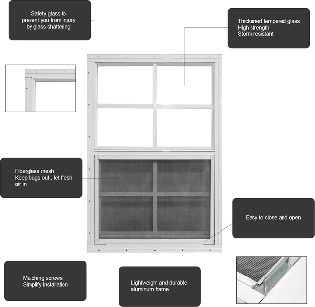 Alt view image 3 of 6 - 2 Pack 18" x 23" White Sliding Shed Windows, Aluminum Frame Tempered Glass with Fiberglass Screen, Flush Mount Ventilation Windows for Chicken Coop Playhouse Garage Barn