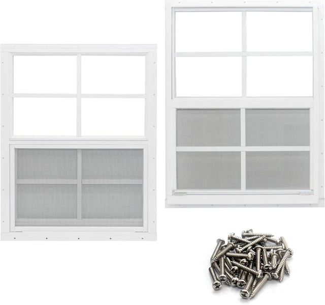 Main image of 2 Pack 18" x 23" Flush Mount Shed Windows, Aluminum Frame Tempered Glass with Fiberglass Screen, Ventilation Replacement Windows for Chicken Coop Playhouse Garage Household Outbuildings