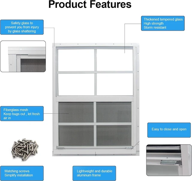 Alt view image 2 of 7 - 2 Pack 18" x 23" Flush Mount Shed Windows, Aluminum Frame Tempered Glass with Fiberglass Screen, Ventilation Replacement Windows for Chicken Coop Playhouse Garage Household Outbuildings