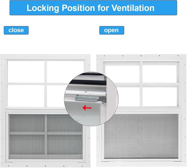Alt view image 5 of 7 - 2 Pack 18" x 23" Flush Mount Shed Windows, Aluminum Frame Tempered Glass with Fiberglass Screen, Ventilation Replacement Windows for Chicken Coop Playhouse Garage Household Outbuildings