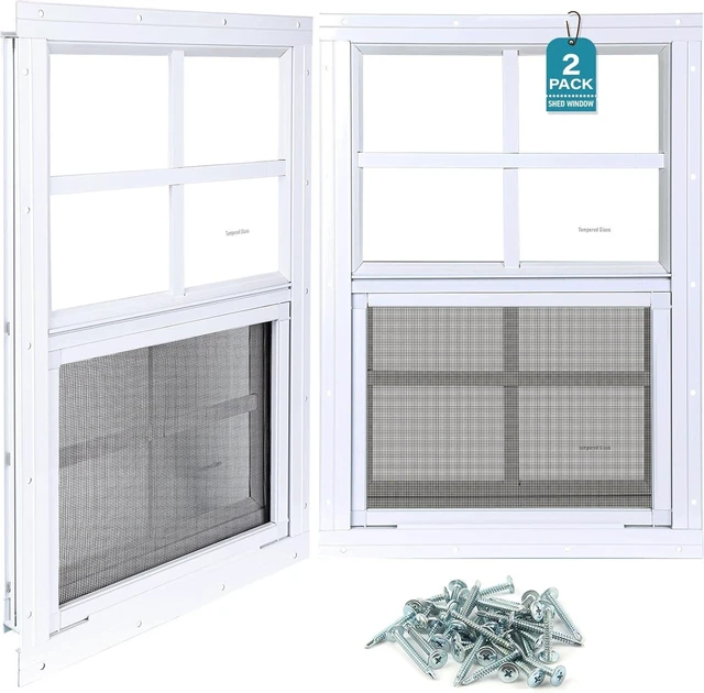 Main image of 2 Pack 18" x 23" White Flush Mount Sliding Shed Windows, Heavy Duty Aluminum Alloy Frame, 4mm Thick Tempered Glass with Removable Fiberglass Screen for Chicken Coop Garage Playhouse Barn Greenhouse