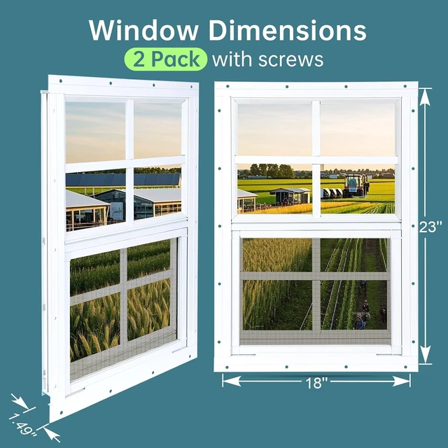 Alt view image 2 of 7 - 2 Pack 18" x 23" White Flush Mount Sliding Shed Windows, Heavy Duty Aluminum Alloy Frame, 4mm Thick Tempered Glass with Removable Fiberglass Screen for Chicken Coop Garage Playhouse Barn Greenhouse
