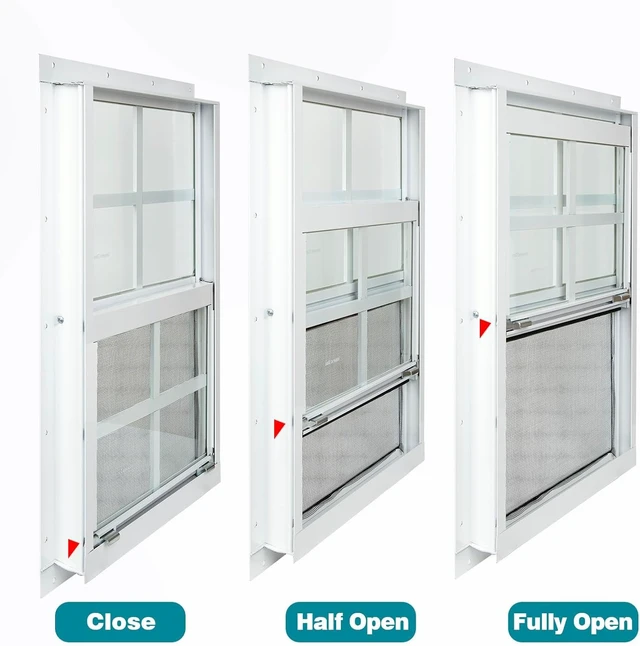 Alt view image 4 of 7 - 2 Pack 18" x 23" White Flush Mount Sliding Shed Windows, Heavy Duty Aluminum Alloy Frame, 4mm Thick Tempered Glass with Removable Fiberglass Screen for Chicken Coop Garage Playhouse Barn Greenhouse