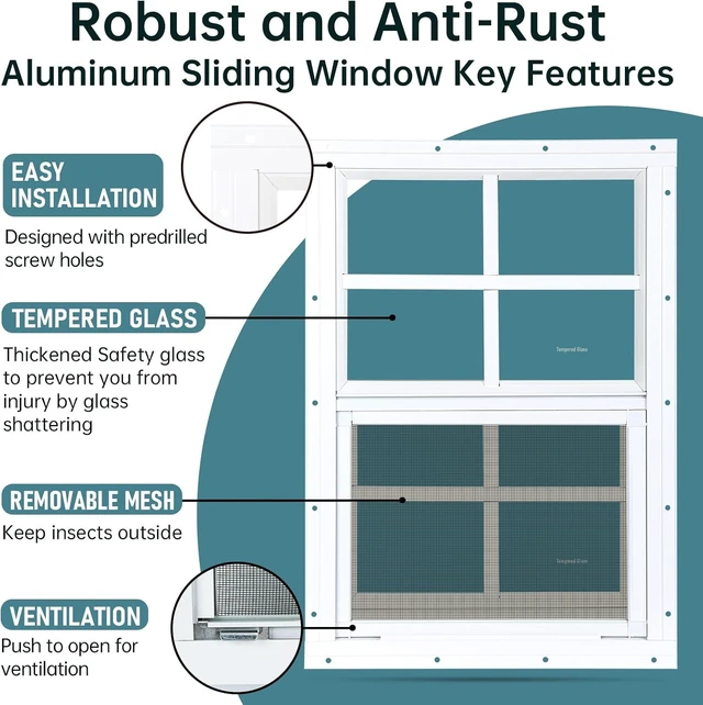 Alt view image 3 of 7 - 2 Pack 18" x 23" White Flush Mount Sliding Shed Windows, Heavy Duty Aluminum Alloy Frame, 4mm Thick Tempered Glass with Removable Fiberglass Screen for Chicken Coop Garage Playhouse Barn Greenhouse