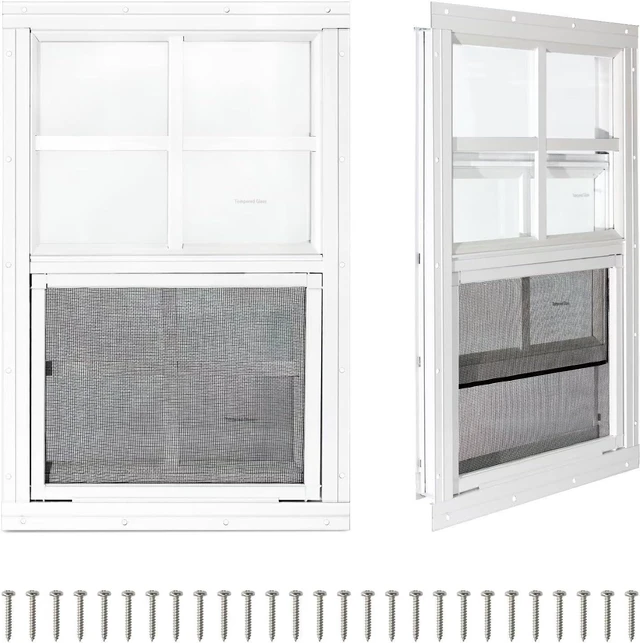 Main image of 2 Pack 12" x 18" White Sliding Shed Windows, Aluminum Alloy Frame Tempered Glass with Fiberglass Screen, Flush Mount Ventilation Windows for Chicken Coop Playhouse Barn Garage