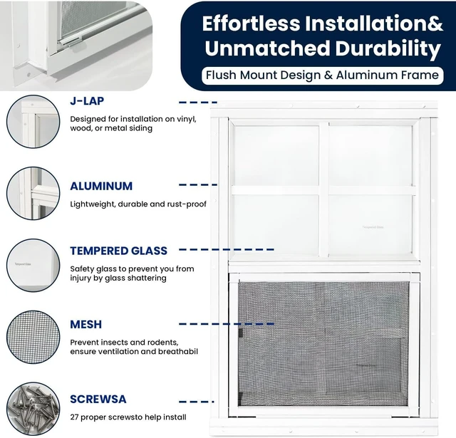 Alt view image 3 of 6 - 2 Pack 12" x 18" White Sliding Shed Windows, Aluminum Alloy Frame Tempered Glass with Fiberglass Screen, Flush Mount Ventilation Windows for Chicken Coop Playhouse Barn Garage