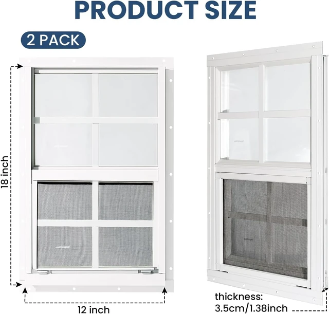 Alt view image 2 of 6 - 2 Pack 12" x 18" White Sliding Shed Windows, Aluminum Alloy Frame Tempered Glass with Fiberglass Screen, Flush Mount Ventilation Windows for Chicken Coop Playhouse Barn Garage