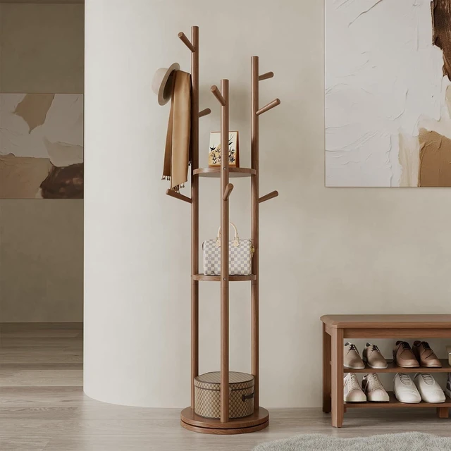Main image of Solid Wood Rotary Freestanding Coat Rack with 3 Storage Shelves and 9 Hooks, Rotating Coat Hanger Stand for Coats Scarves Handbags, for Entryway Bedroom Living Room, Walnut Finish