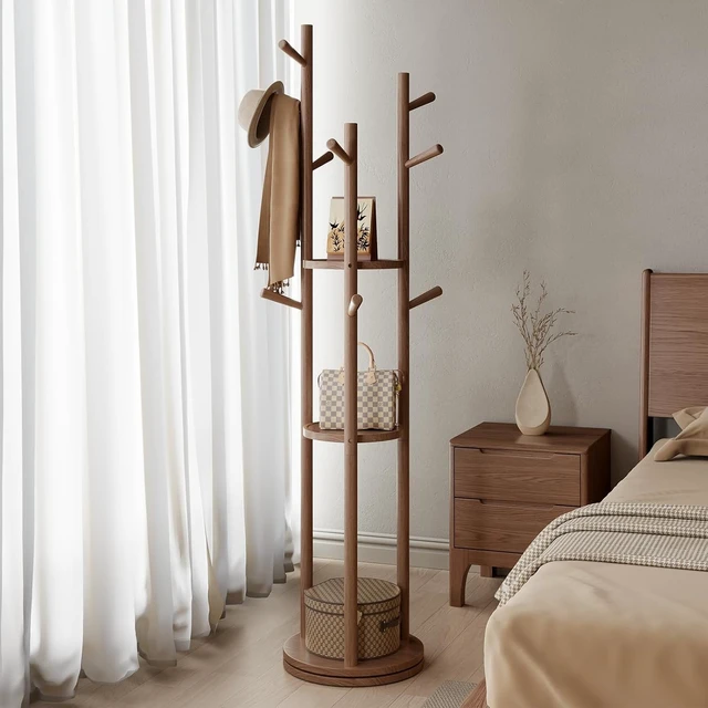 Alt view image 2 of 7 - Solid Wood Rotary Freestanding Coat Rack with 3 Storage Shelves and 9 Hooks, Rotating Coat Hanger Stand for Coats Scarves Handbags, for Entryway Bedroom Living Room, Walnut Finish