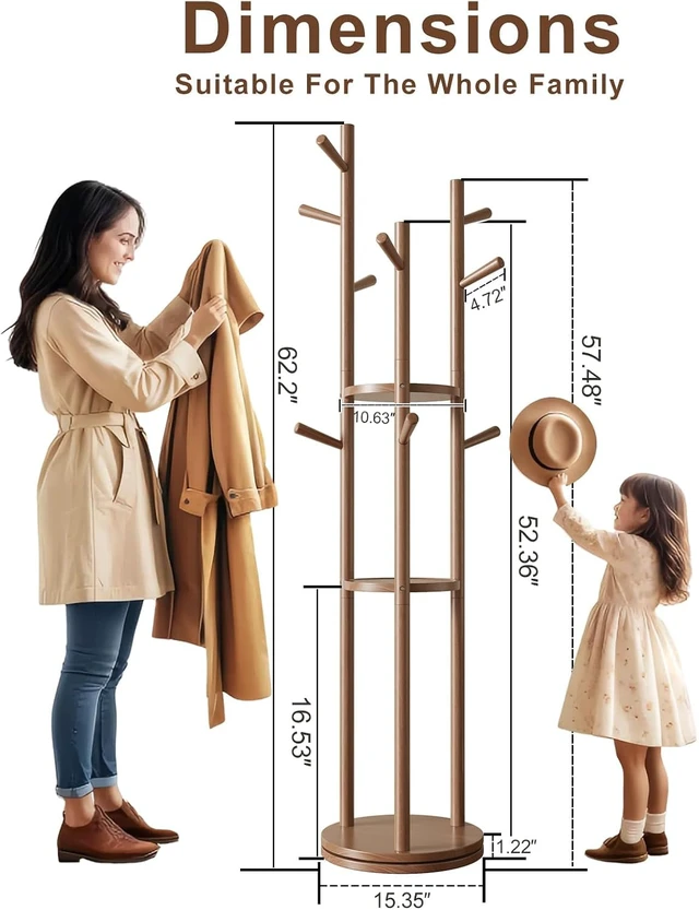 Alt view image 4 of 7 - Solid Wood Rotary Freestanding Coat Rack with 3 Storage Shelves and 9 Hooks, Rotating Coat Hanger Stand for Coats Scarves Handbags, for Entryway Bedroom Living Room, Walnut Finish