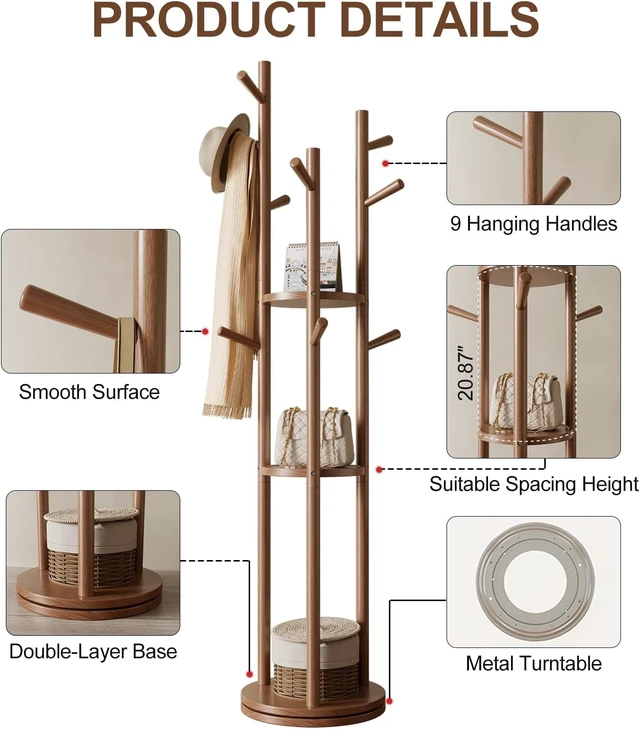 Alt view image 5 of 7 - Solid Wood Rotary Freestanding Coat Rack with 3 Storage Shelves and 9 Hooks, Rotating Coat Hanger Stand for Coats Scarves Handbags, for Entryway Bedroom Living Room, Walnut Finish