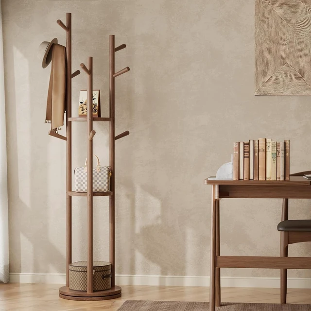 Alt view image 7 of 7 - Solid Wood Rotary Freestanding Coat Rack with 3 Storage Shelves and 9 Hooks, Rotating Coat Hanger Stand for Coats Scarves Handbags, for Entryway Bedroom Living Room, Walnut Finish