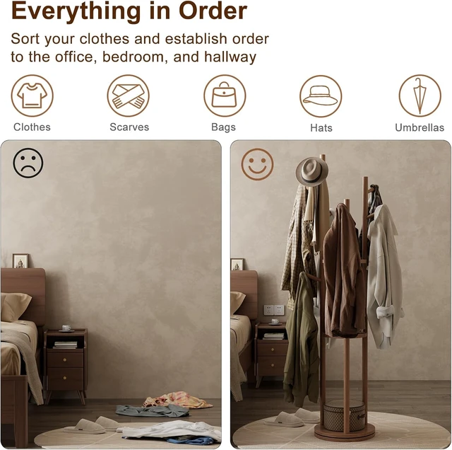 Alt view image 6 of 7 - Solid Wood Rotary Freestanding Coat Rack with 3 Storage Shelves and 9 Hooks, Rotating Coat Hanger Stand for Coats Scarves Handbags, for Entryway Bedroom Living Room, Walnut Finish