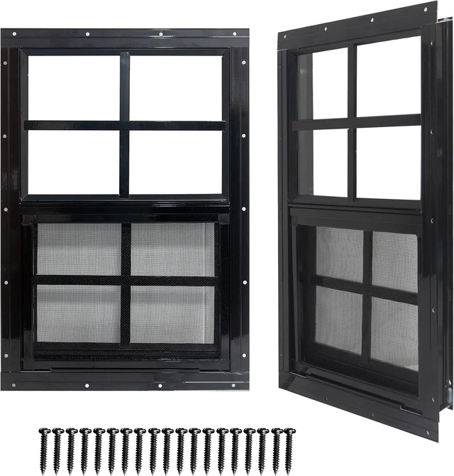 Main image of 2 Pack 14" x 21" Black Sliding Shed Windows, Aluminum Frame Tempered Glass with Fiberglass Screen, Flush Mount Ventilation Windows for Chicken Coop Playhouse Garage Barn