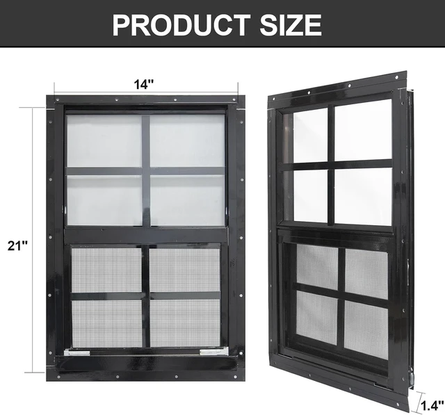 Alt view image 2 of 6 - 2 Pack 14" x 21" Black Sliding Shed Windows, Aluminum Frame Tempered Glass with Fiberglass Screen, Flush Mount Ventilation Windows for Chicken Coop Playhouse Garage Barn