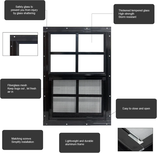Alt view image 3 of 6 - 2 Pack 14" x 21" Black Sliding Shed Windows, Aluminum Frame Tempered Glass with Fiberglass Screen, Flush Mount Ventilation Windows for Chicken Coop Playhouse Garage Barn