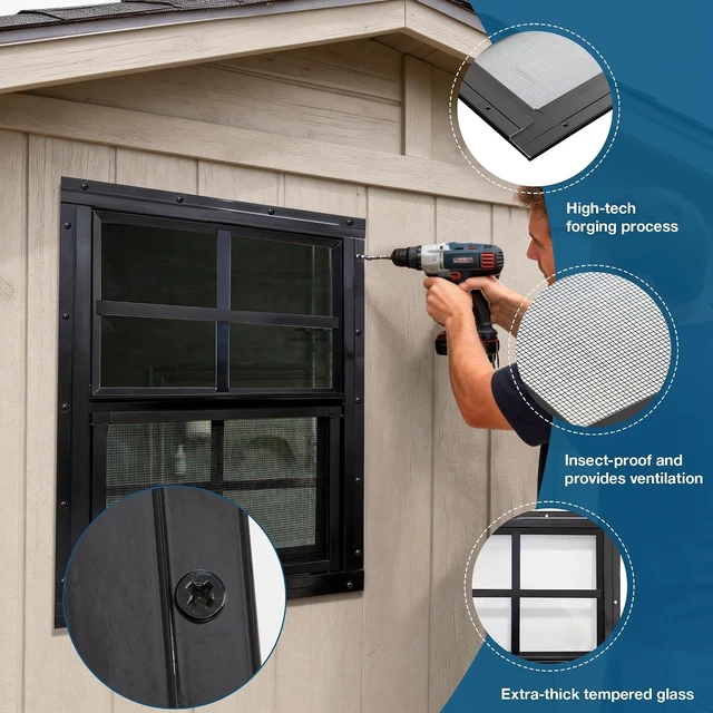 Alt view image 6 of 6 - 2 Pack 14" x 21" Black Sliding Shed Windows, Aluminum Frame Tempered Glass with Fiberglass Screen, Flush Mount Ventilation Windows for Chicken Coop Playhouse Garage Barn