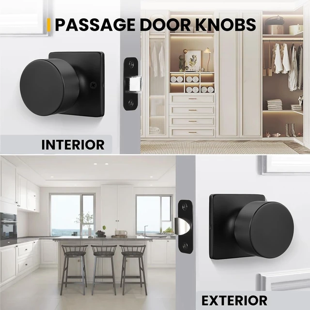Alt view image 4 of 7 - 8 Pack Matte Black Passage Door Knobs NonLocking Interior Round Hardware for Closet Hallway Fits 13/8" to 13/4" Thick Doors