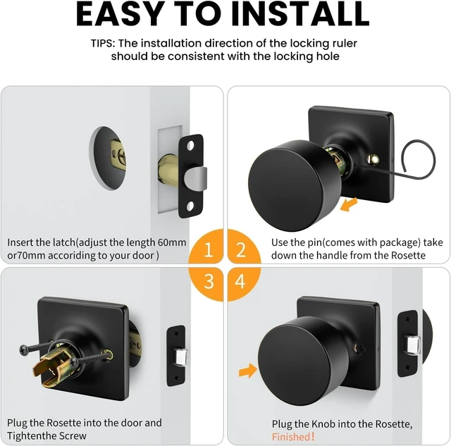 Alt view image 6 of 7 - 8 Pack Matte Black Passage Door Knobs NonLocking Interior Round Hardware for Closet Hallway Fits 13/8" to 13/4" Thick Doors